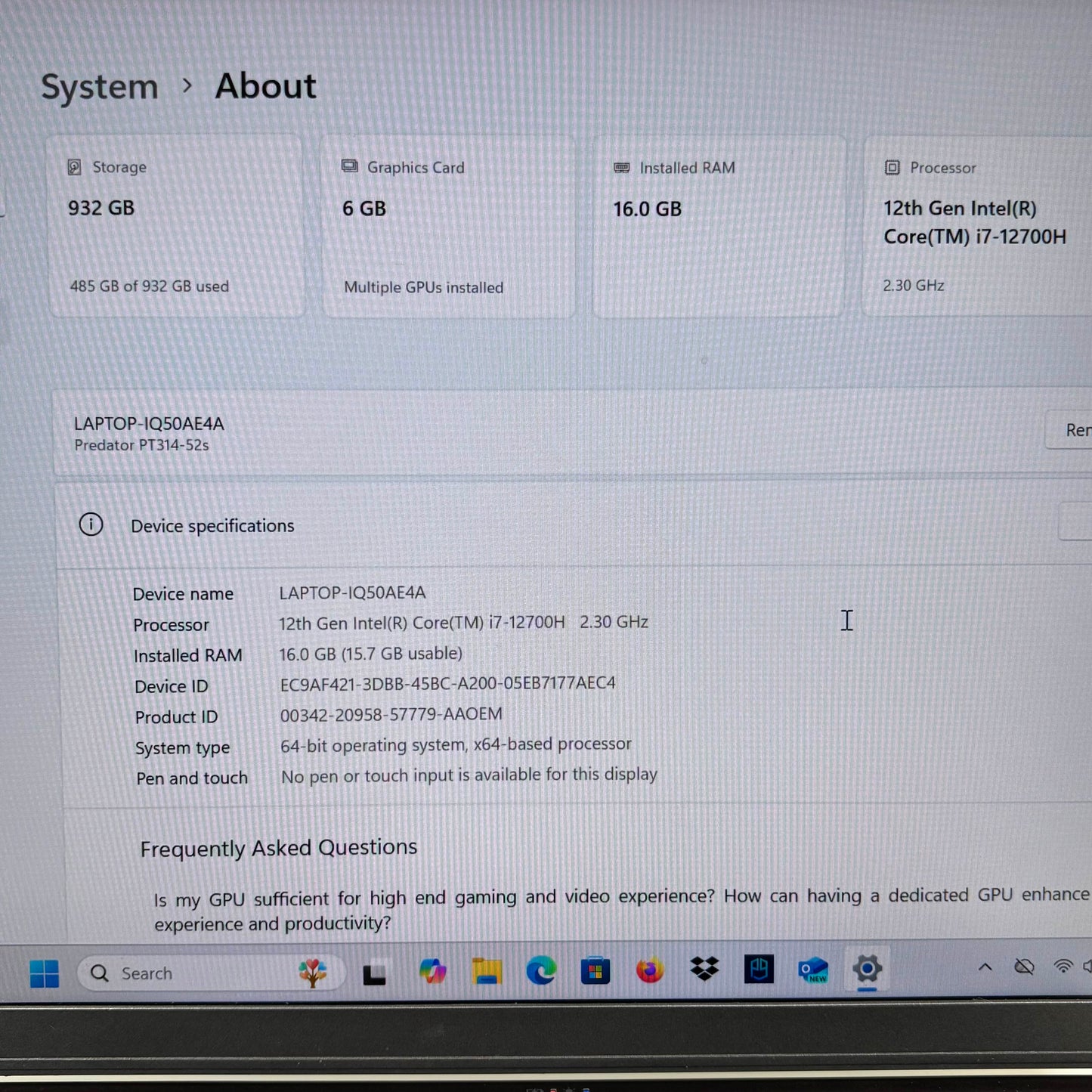 Acer Predator PT314-52S 14" i7-12700H 2.3GHz 16GB RAM 1TB SSD GeForce RTX 3060