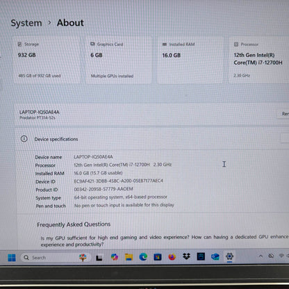 Acer Predator PT314-52S 14" i7-12700H 2.3GHz 16GB RAM 1TB SSD GeForce RTX 3060