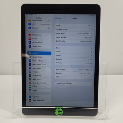 Broken WiFi Only Apple iPad 8th Gen 32GB 14.4.2 MYL92LL/A Cracked Bezel